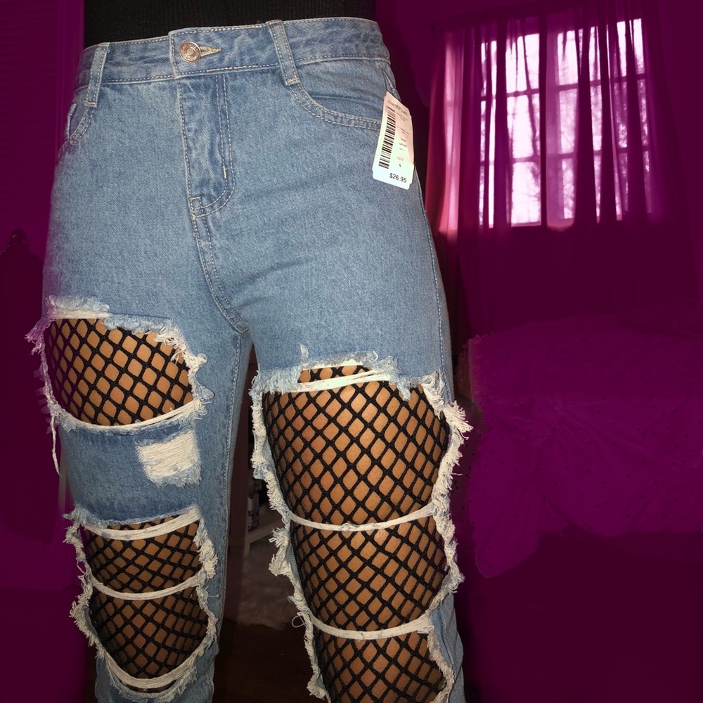 LOVECULTURE Denim Fishnet/Distressed Jeans